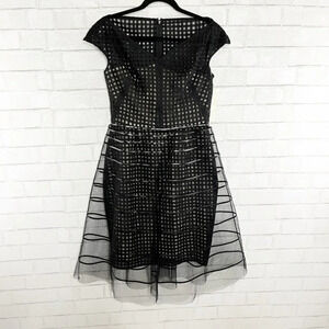 Lela Rose Black Embroidered Dress with Striped Tulle Overlay Women's Size 8 NWT